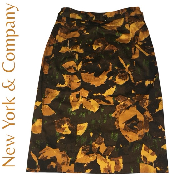 New York & Company Abtract Floral Brown Yellow Stretch Pencil Skirt - Women’s 2 - Picture 12 of 12